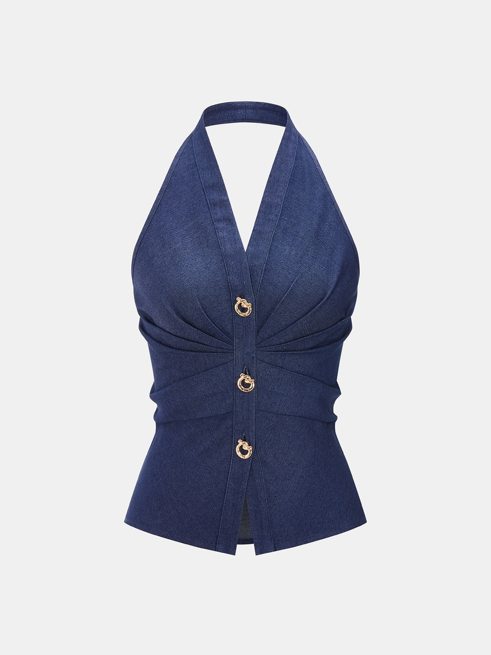 Denim  Halter Button-Front Peplum Top XS Commense nwt - Picture 2 of 8